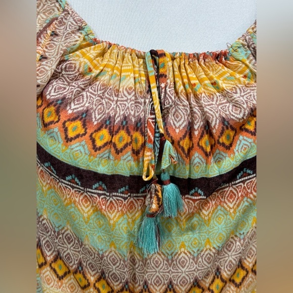 Democracy Short Sleeve Southwest Aztec Ruffled Square Neck Woven Top PM NWT - Picture 2 of 4